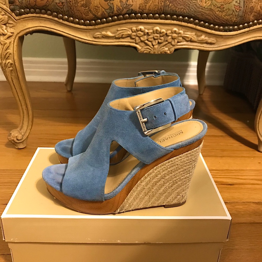 Michael Kors blue suede peep toe espadrille wedge